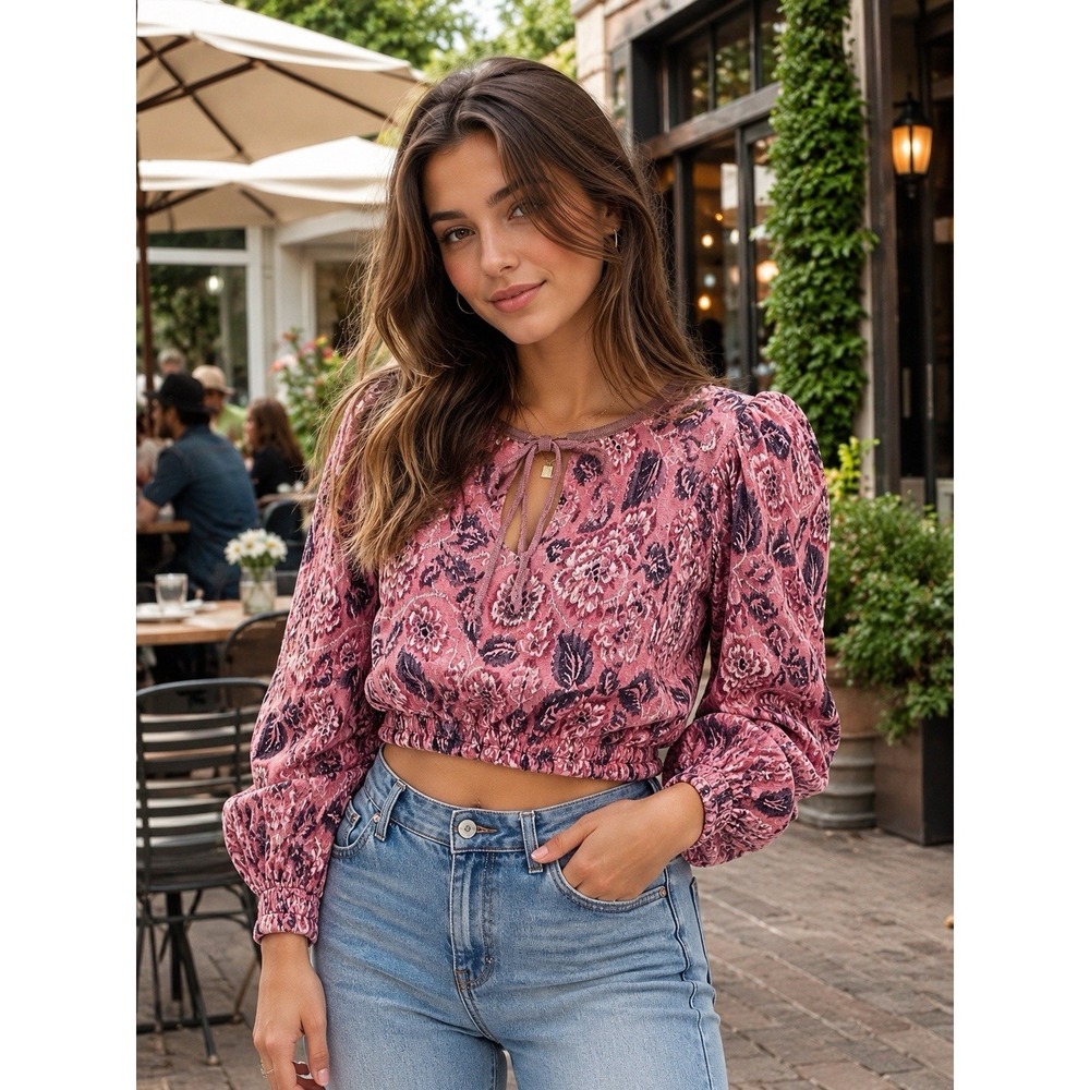 Free People XS Pink Floral Crop Top Open Back Puff Sleeve Y2K Boho Blouse RR51
